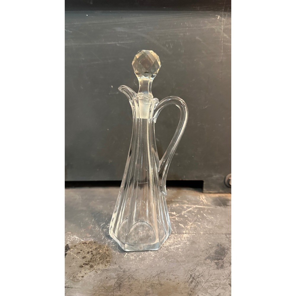 Vintage Clear Cut Glass Cruet Decanter with Faceted Stopper and Handle 8.5"